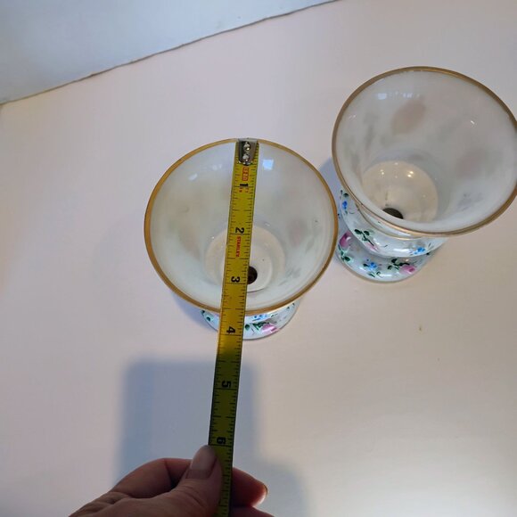 Pair Vtg BOHEMIAN CZECH Cased Glass White Painted Pink Roses Vase Set -CHIP READ - Picture 9 of 14